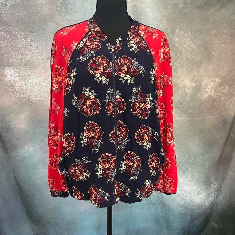 Monsoon Womens Floral Bomber Jacket Navy Red Mixed Print Viscose Size 12 US